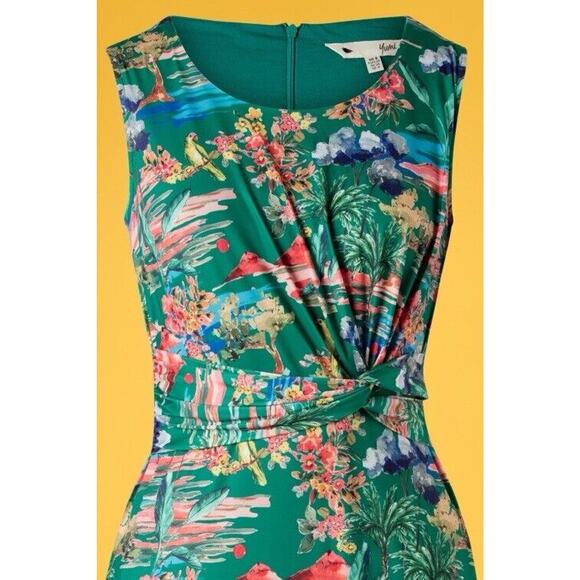 Yumi Sheath Party Cocktail Dress Green Emerald Garden Bird Floral Dress Size 20‎ - Picture 7 of 13